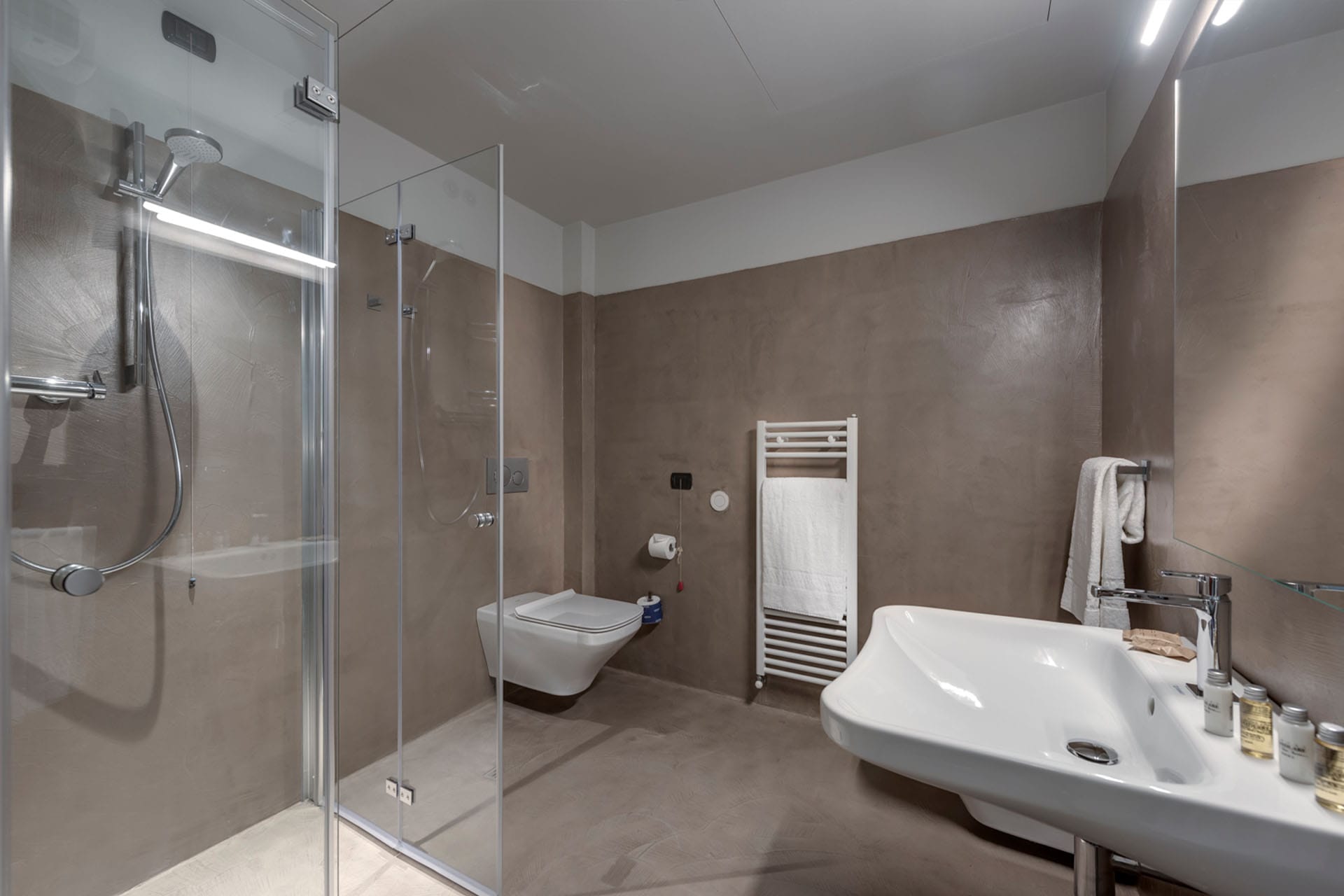 Detail of the bathroom with shower in the Basic Room at Casolare Terre Rosse